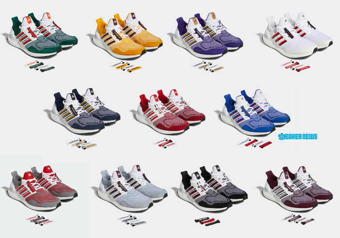 View of 11 pairs of adidas shoes.